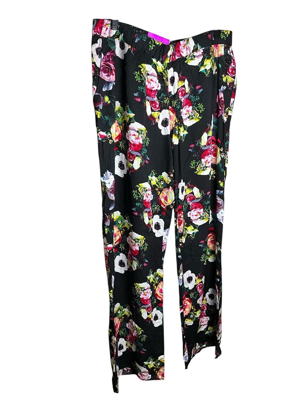 Merona Ankle Pants Womens L Black Floral Print Relaxed Mid Rise Wide Leg Pull On